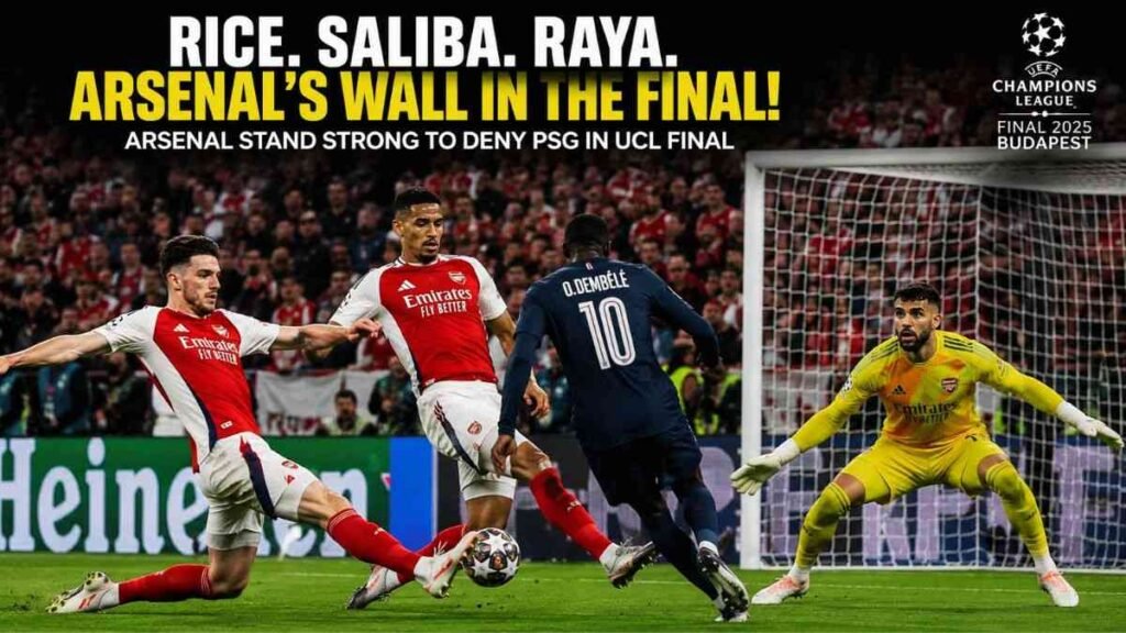 Arsenal defenders stopping a PSG attack during the Champions League Final.