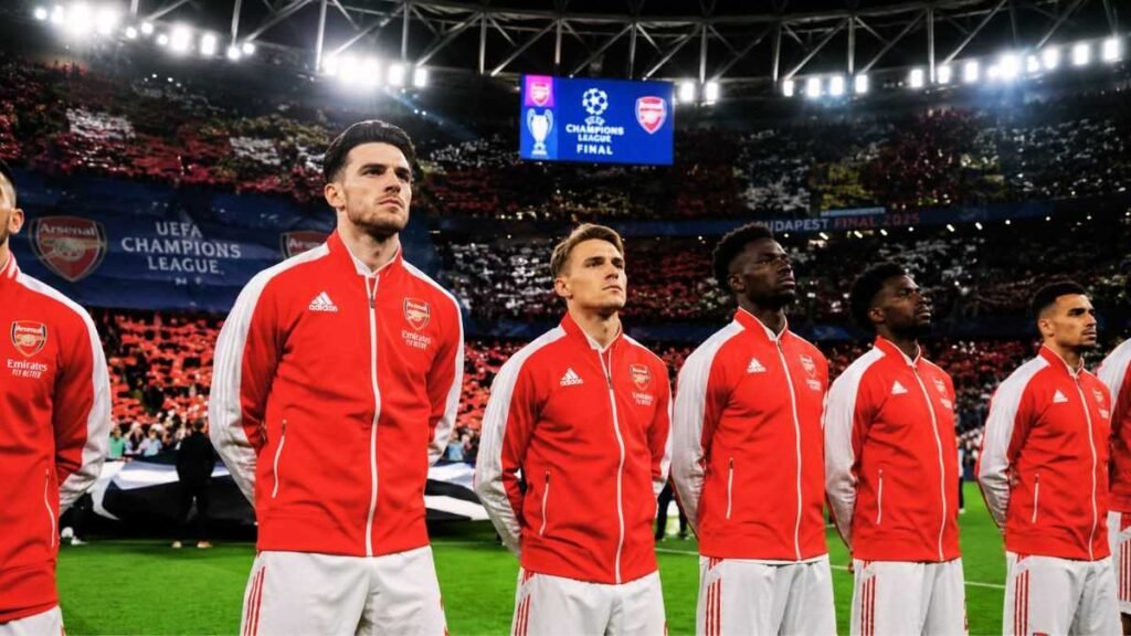Arsenal players preparing for the Champions League Final against PSG in Budapest.