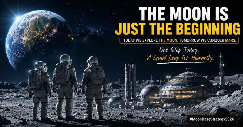 Astronauts standing near a futuristic Moon Base while looking toward Earth.
