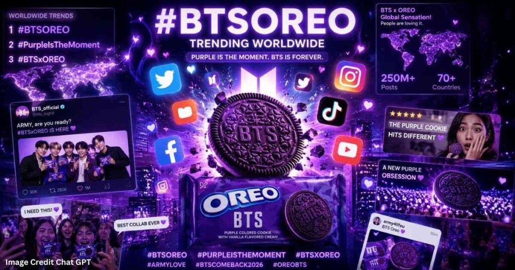 BTS Oreo cookies trending globally across social media with purple K-pop themed visuals.
