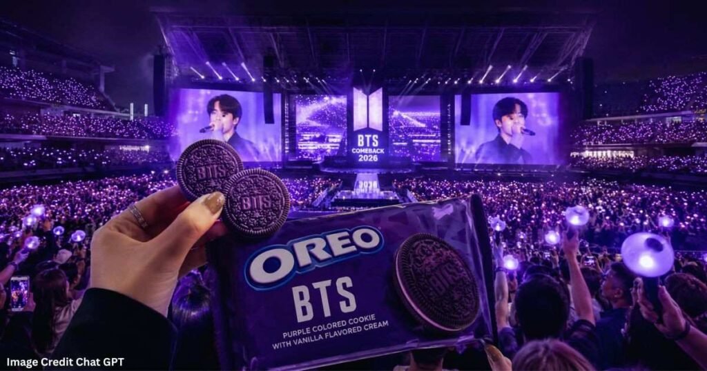 BTS comeback concert atmosphere with purple Oreo cookies and cheering fans in a stadium.