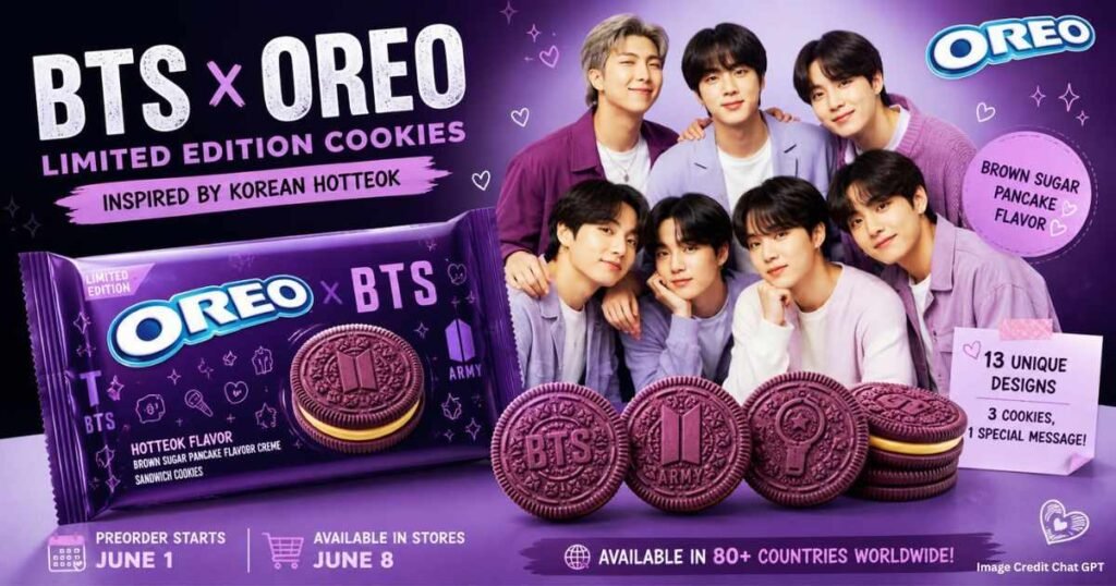 BTS-inspired purple Oreo cookies with Korean hotteok pancakes in a Seoul street market atmosphere.