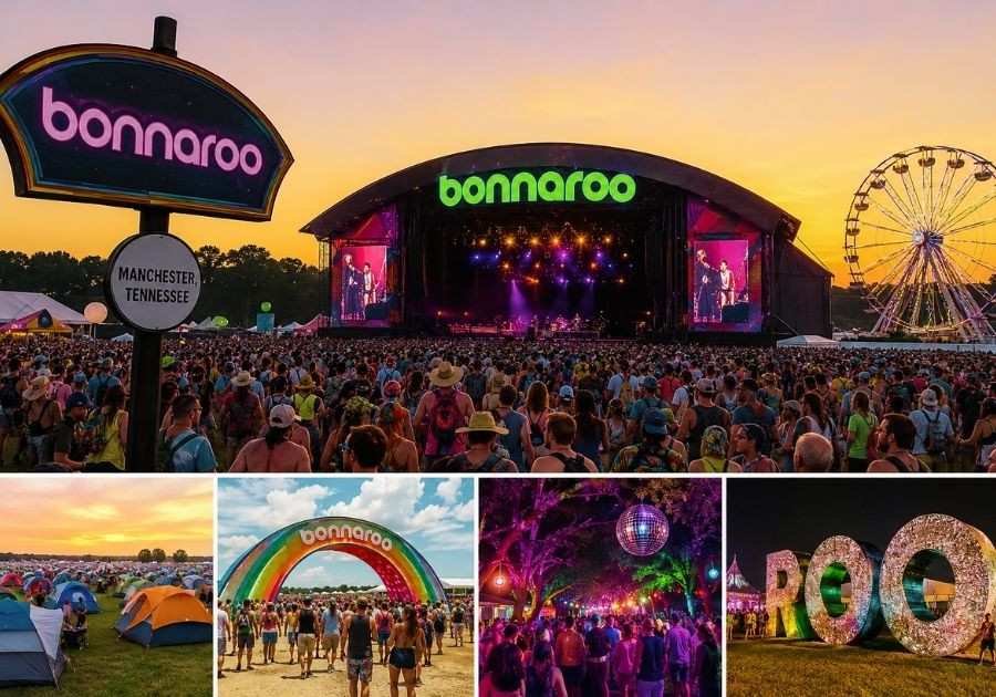 Crowd enjoying live music at Bonnaroo Music and Arts Festival 2026 in Manchester Tennessee during sunset