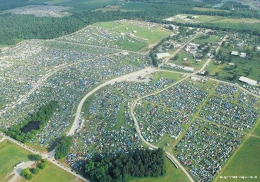 Bonnaroo festival grounds with tents, music stages, and art installations