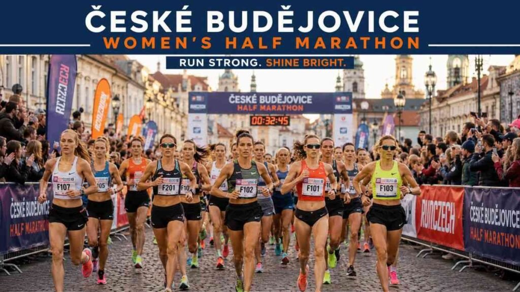 Elite female runners competing in the women's race at Mattoni Half Marathon Ceske Budejovice 2026.