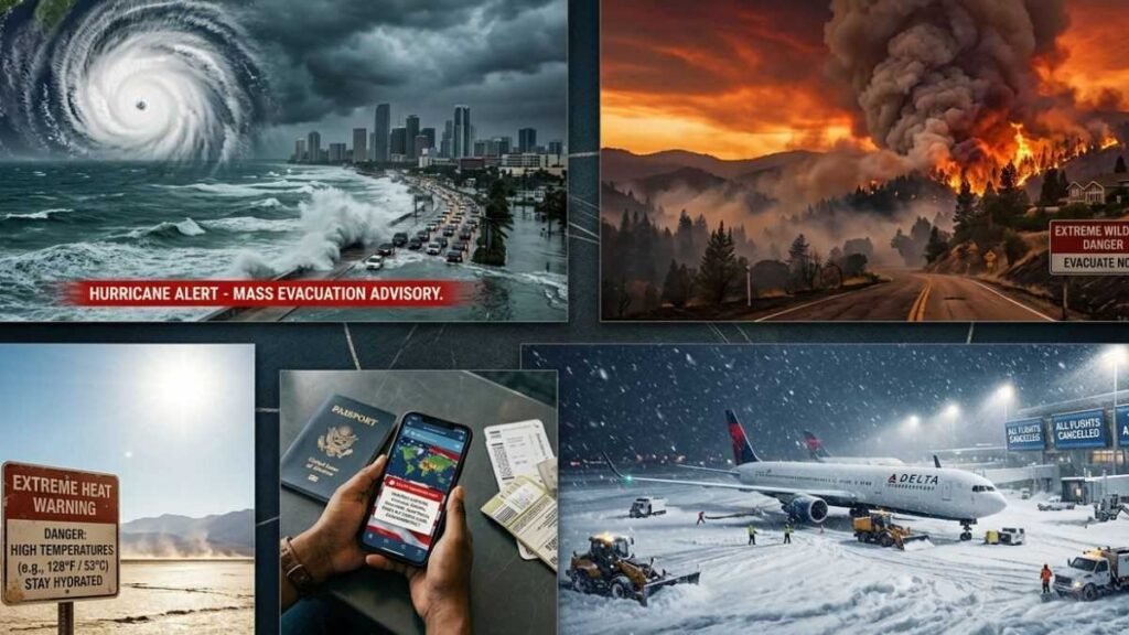 Extreme weather conditions in the USA including hurricanes, wildfires, winter storms, and heat waves affecting travelers and transportation.