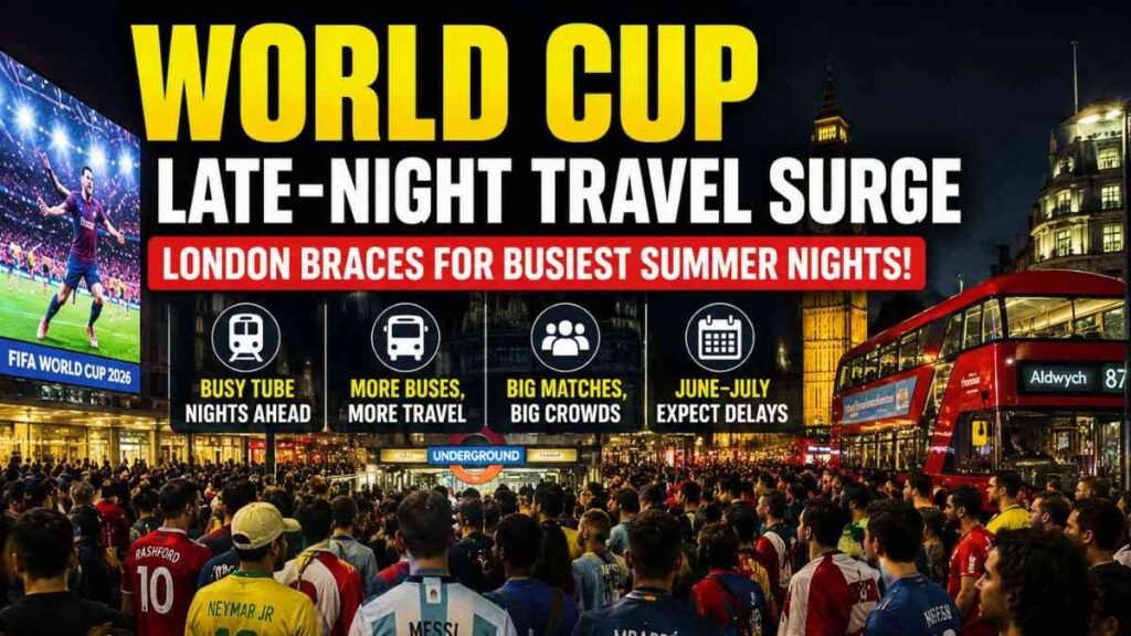 Football fans crowd London transport during the FIFA Men’s World Cup late-night travel surge.