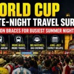 Football fans crowd London transport during the FIFA Men’s World Cup late-night travel surge.