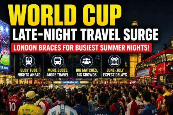 Football fans crowd London transport during the FIFA Men’s World Cup late-night travel surge.