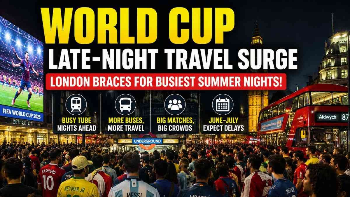 Football fans crowd London transport during the FIFA Men’s World Cup late-night travel surge.
