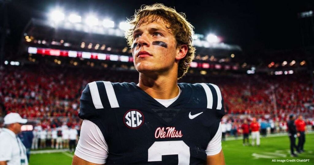 Football quarterback Jaxson Dart standing on stadium field
