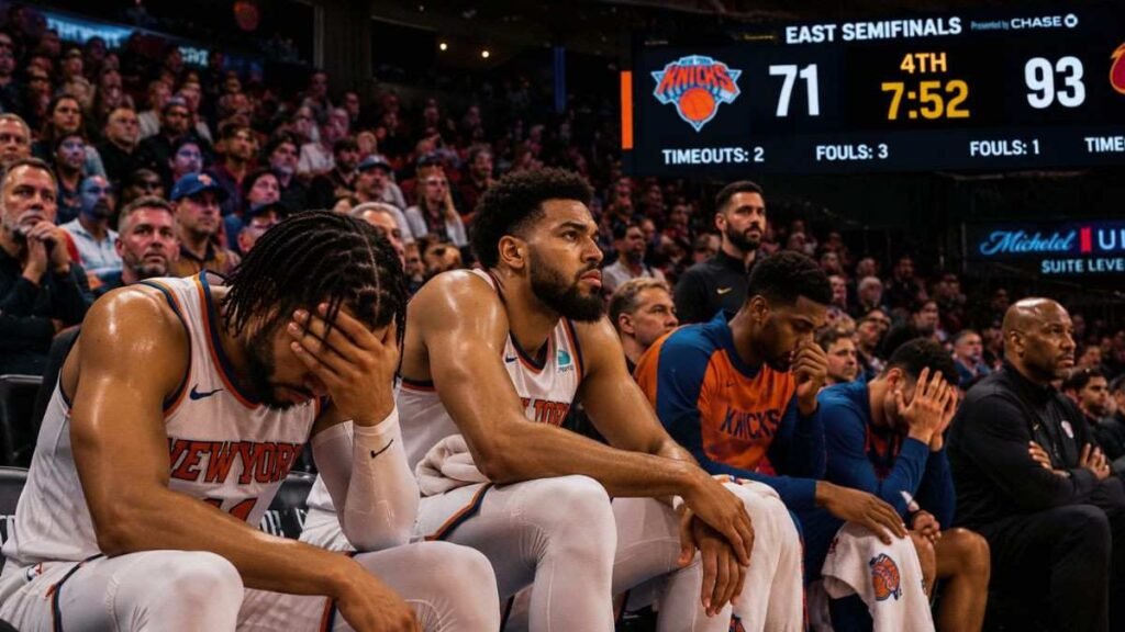 Frustrated Knicks players reacting during difficult start against Cavaliers.