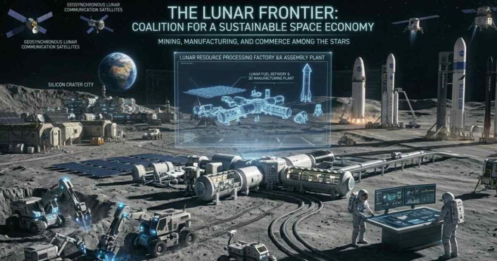Future lunar economy with robotic mining and Moon infrastructure development.