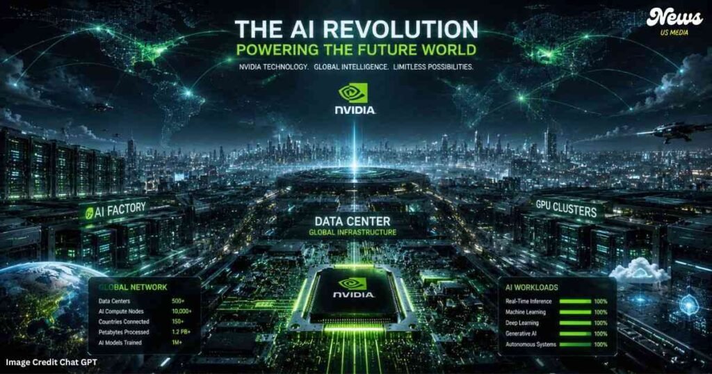 Futuristic AI infrastructure and semiconductor technology representing Nvidia’s long-term global AI strategy.