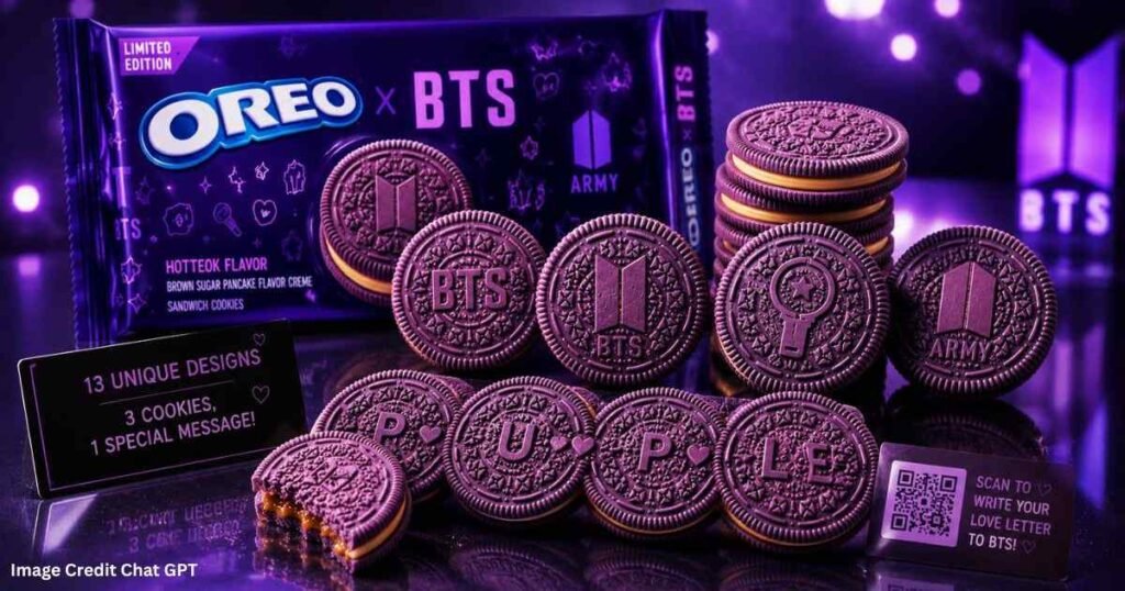 Global launch promotion for BTS Oreo cookies with preorder and release dates highlighted.