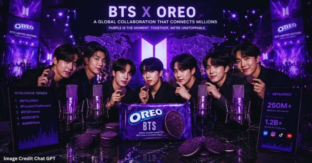 Global partnership concept image featuring BTS-inspired Oreo cookies and K-pop entertainment visuals.