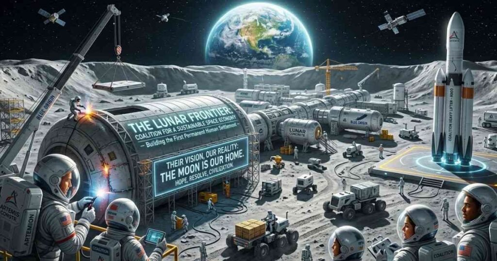 Humans building the first permanent Moon settlement for future exploration.