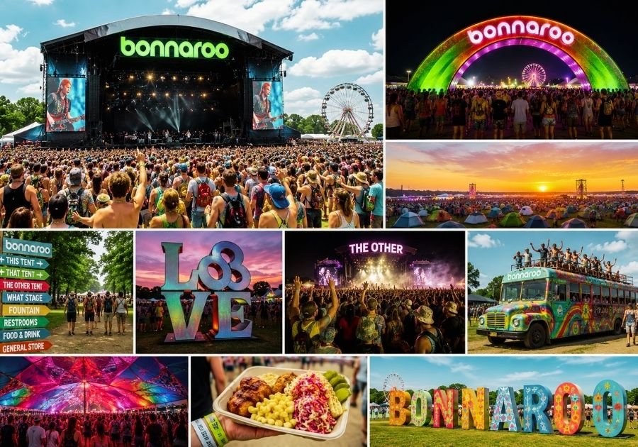 Bonnaroo Festival main stage crowd at sunset in Tennessee