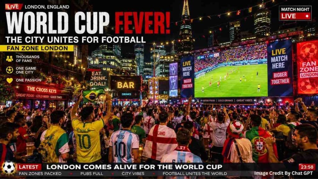 International football fans gather in London during the FIFA Men’s World Cup.