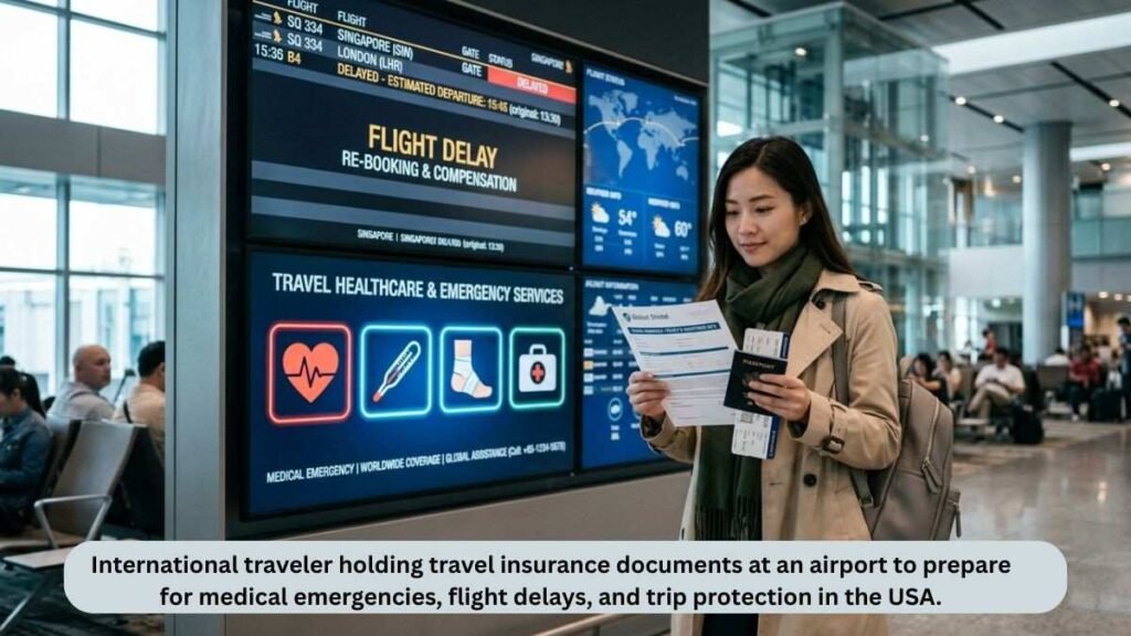 International traveler holding travel insurance documents at an airport to prepare for medical emergencies, flight delays, and trip protection in the USA.