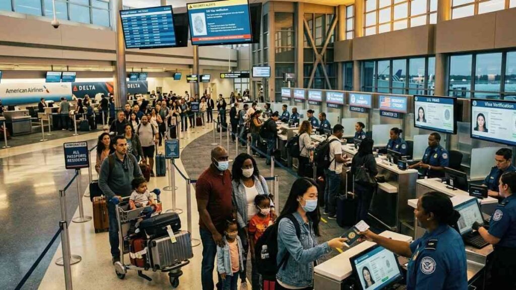 International travelers at a USA airport immigration area checking passports, visas, and travel documents before entering the United States.