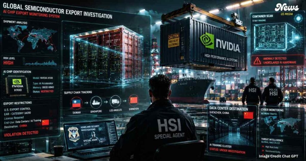 Investigation into illegal AI chip exports involving advanced semiconductor servers and global technology trade.