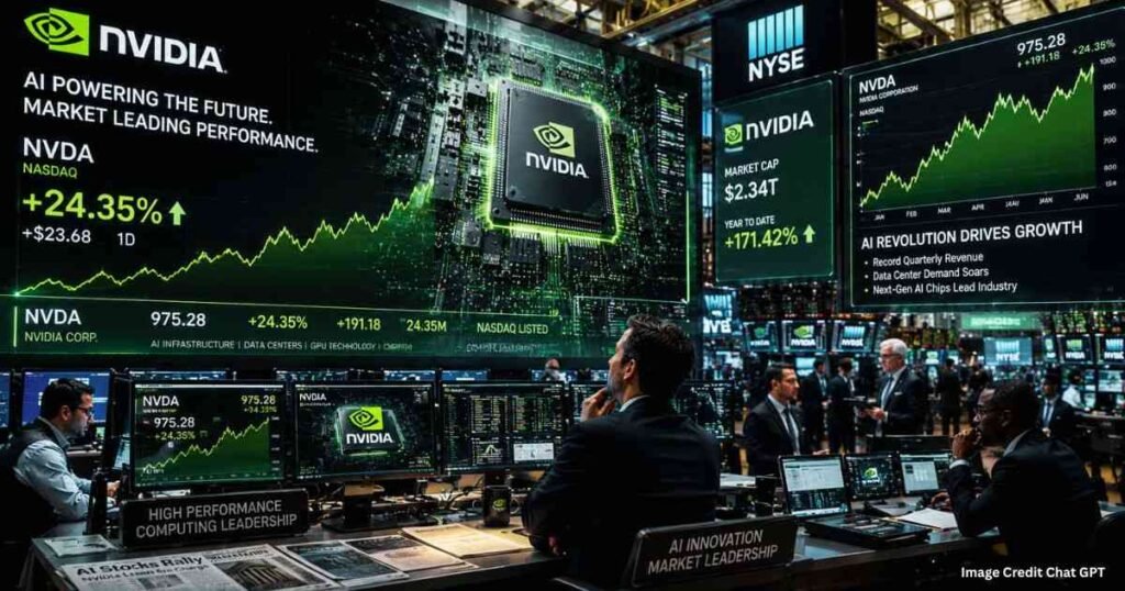 Investors analyzing Nvidia stock growth and AI market trends in a futuristic financial environment.