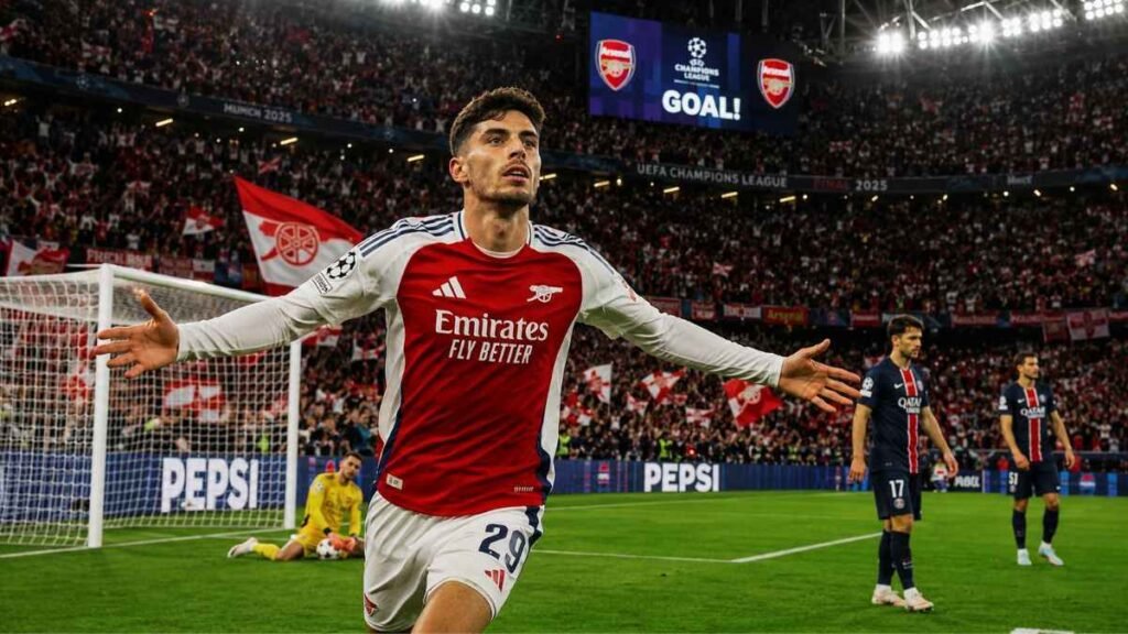 Kai Havertz celebrates after scoring for Arsenal against PSG in the Champions League Final.