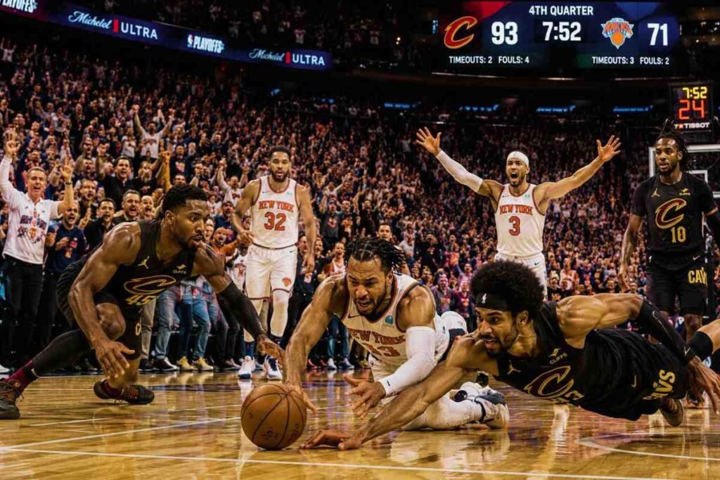 Knicks players fighting back during historic fourth-quarter comeback against Cavaliers.
