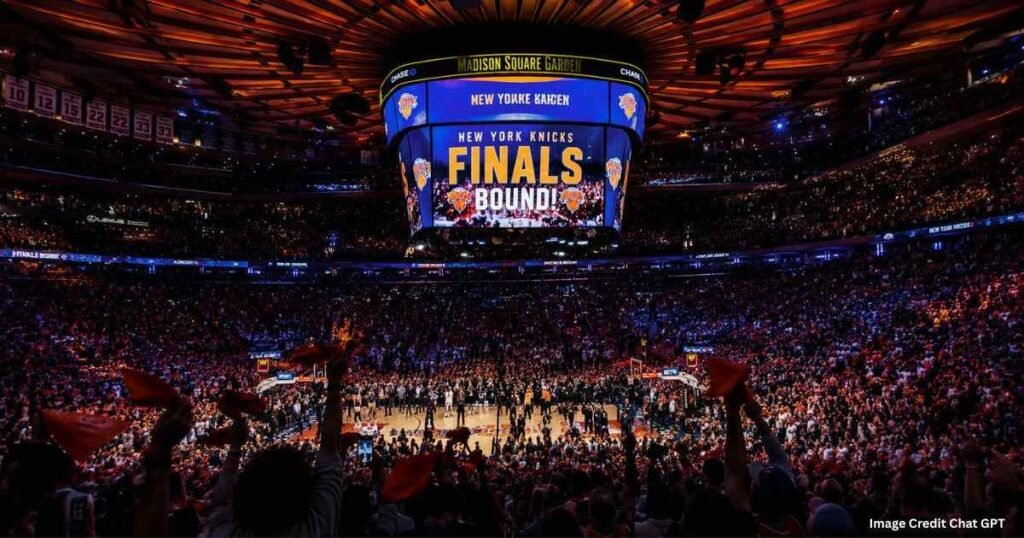 Madison Square Garden crowd celebrating Knicks NBA Finals qualification