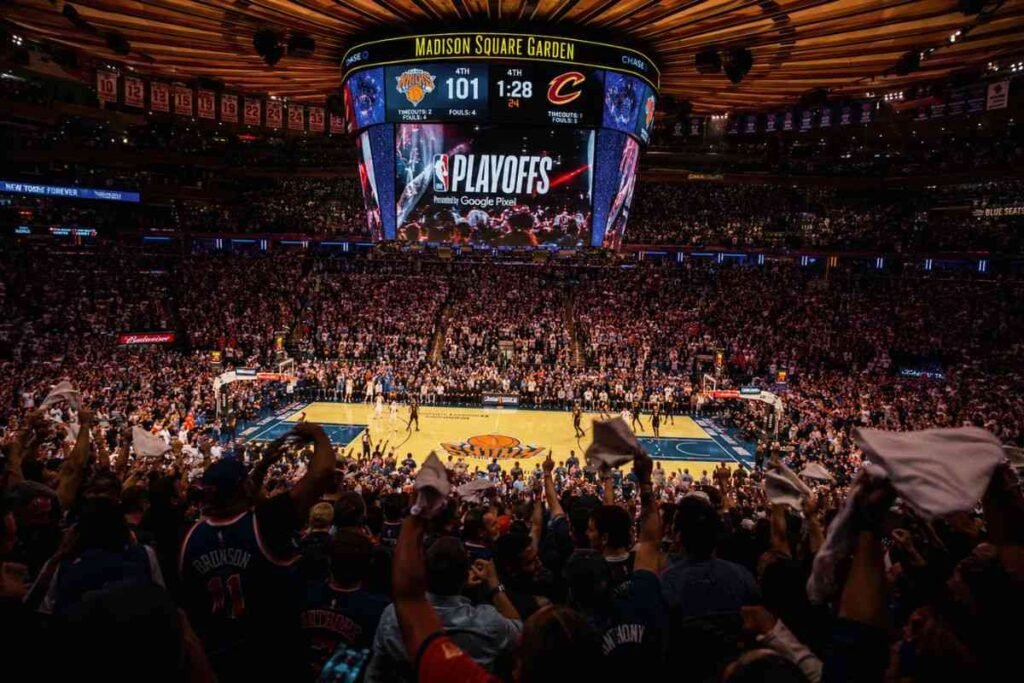 Madison Square Garden crowd erupting during Knicks comeback victory.