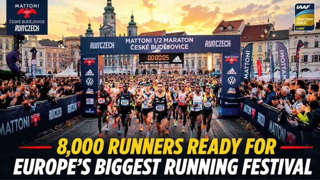 Mattoni Half Marathon Ceske Budejovice 2026 featuring thousands of runners and elite athletes at the starting line.