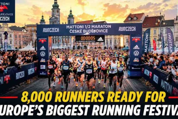 Mattoni Half Marathon Ceske Budejovice 2026 featuring thousands of runners and elite athletes at the starting line.