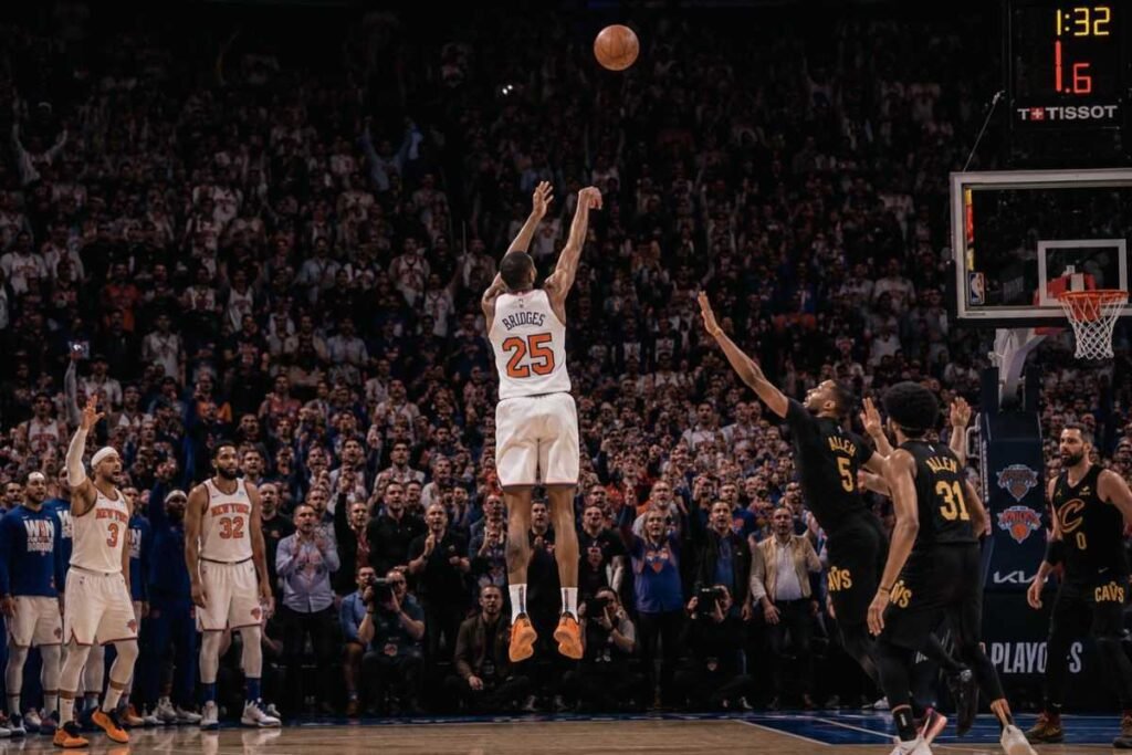 Mikal Bridges hitting clutch three-pointer during Knicks playoff comeback.