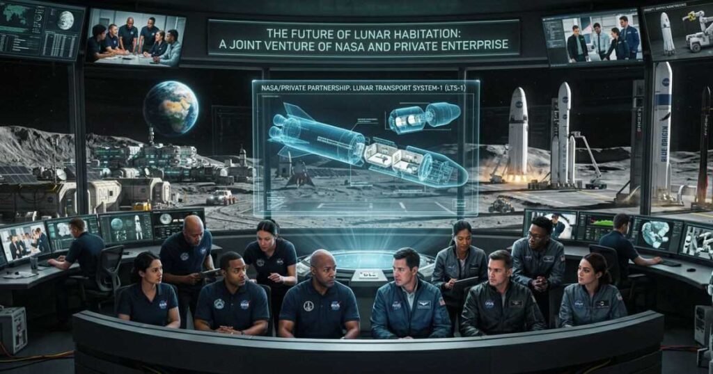 NASA and private aerospace companies working together on Moon missions.