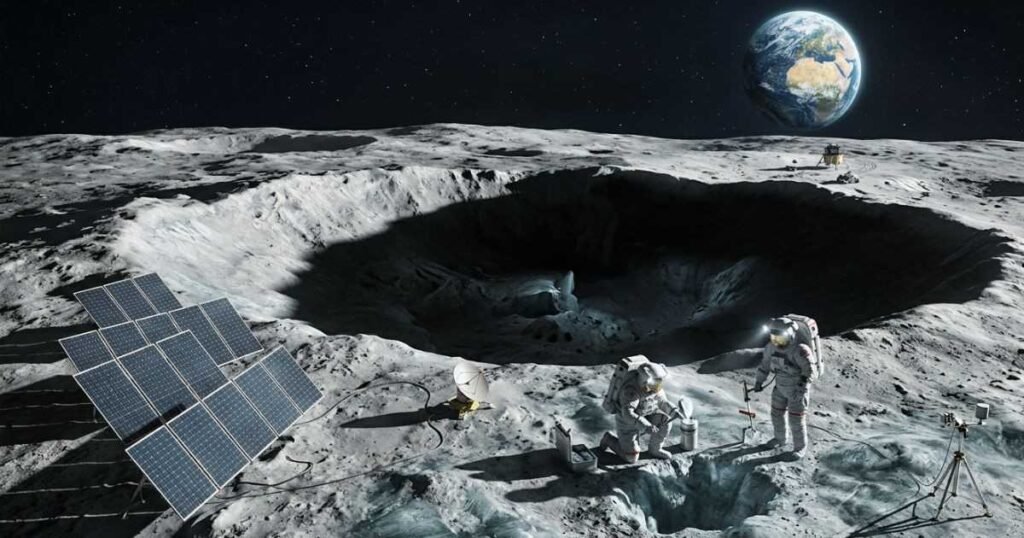 NASA astronauts exploring icy craters near the Moon’s South Pole.