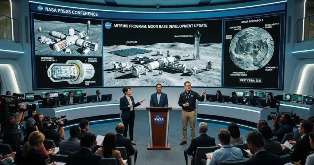 NASA officials presenting future lunar exploration and Moon Base mission plans.