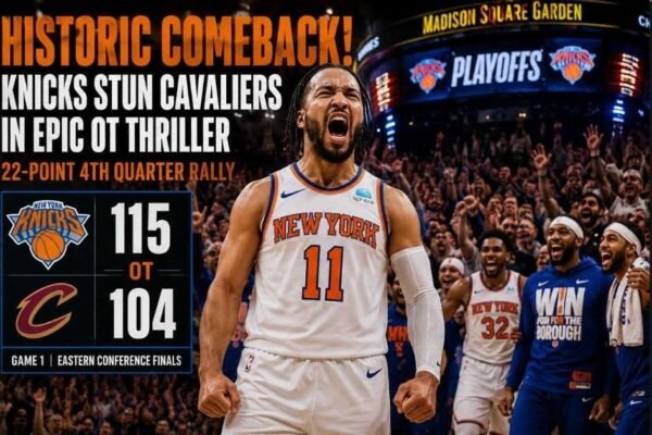 Jalen Brunson celebrating during the Knicks’ historic overtime comeback against the Cavaliers at Madison Square Garden.