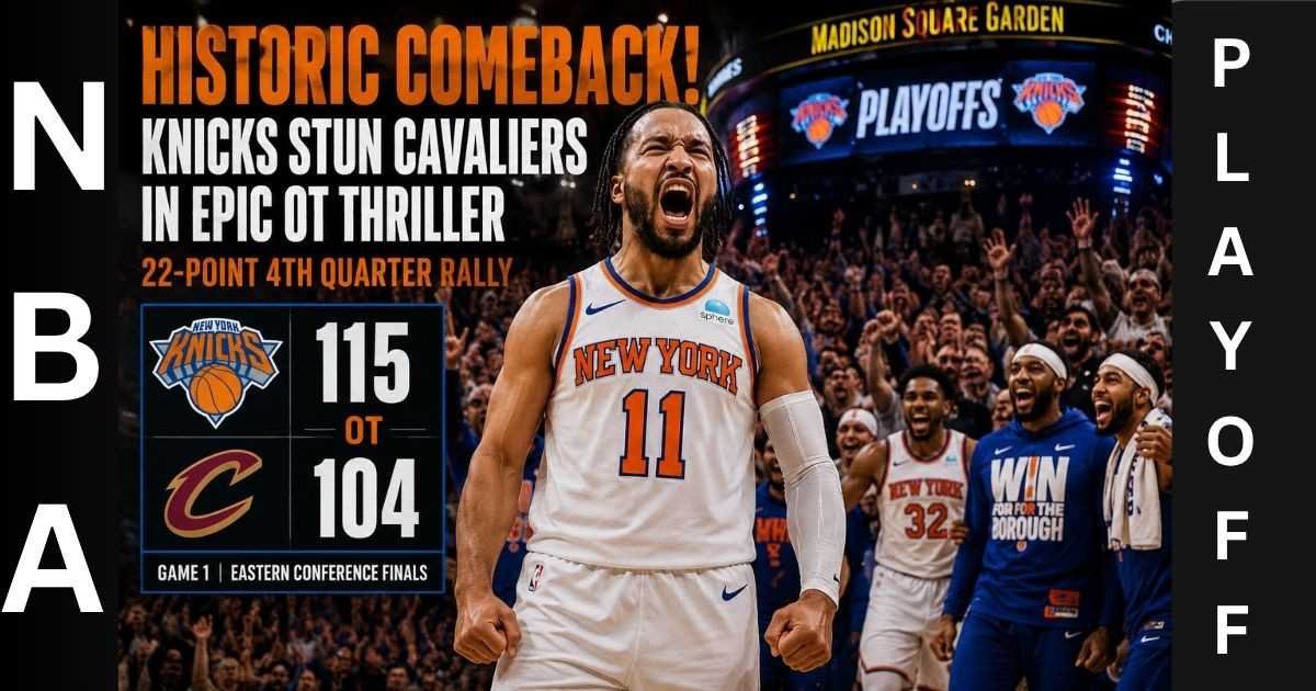 Jalen Brunson celebrating during the Knicks’ historic overtime comeback against the Cavaliers at Madison Square Garden.