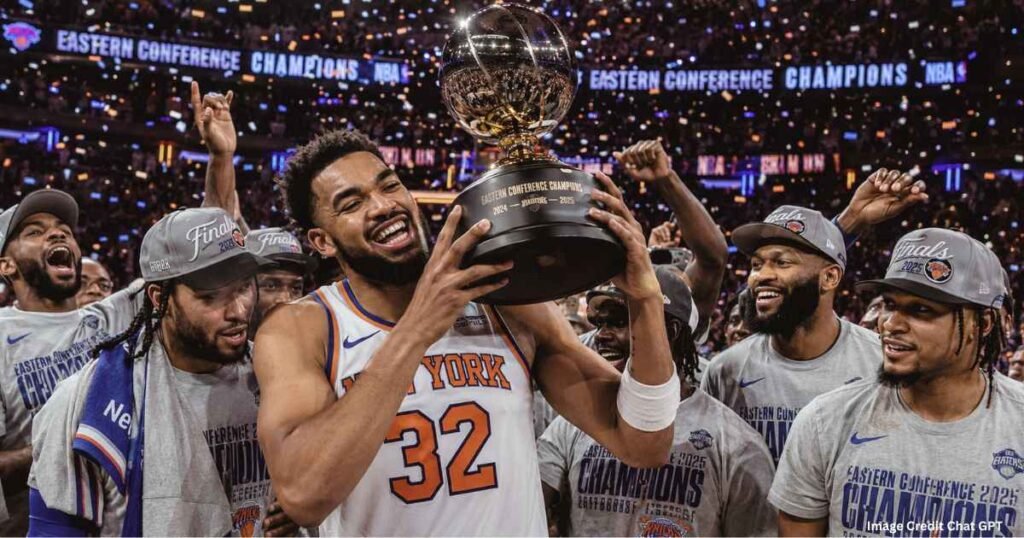 New York Knicks celebrating Eastern Conference championship after sweeping Cavaliers