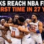 New York Knicks players celebrating after reaching the NBA Finals 2026 at Madison Square Garden