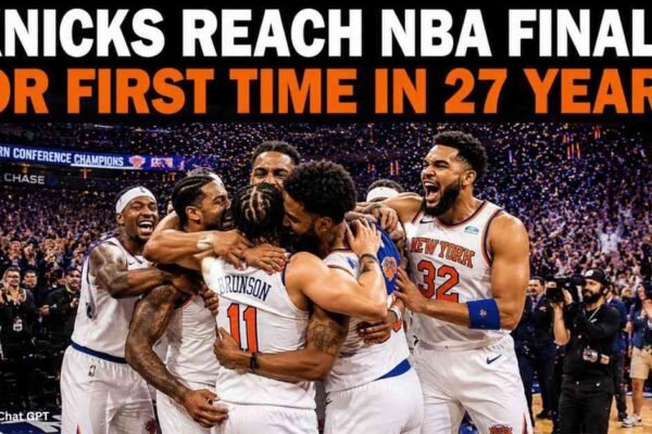New York Knicks players celebrating after reaching the NBA Finals 2026 at Madison Square Garden