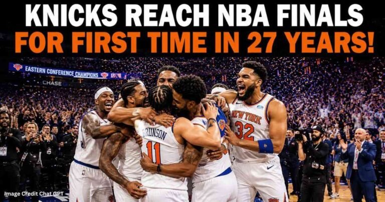 New York Knicks players celebrating after reaching the NBA Finals 2026 at Madison Square Garden