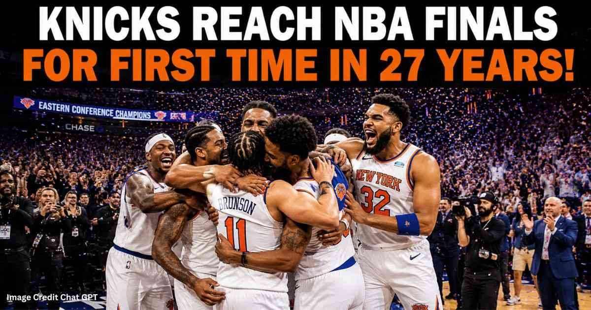 New York Knicks players celebrating after reaching the NBA Finals 2026 at Madison Square Garden