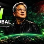 Nvidia CEO Jensen Huang discussing China AI market growth with futuristic AI chips and data center background.