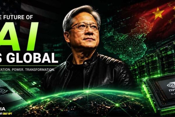 Nvidia CEO Jensen Huang discussing China AI market growth with futuristic AI chips and data center background.