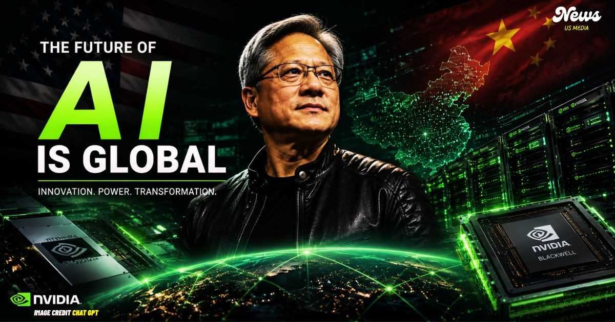 Nvidia CEO Jensen Huang discussing China AI market growth with futuristic AI chips and data center background.