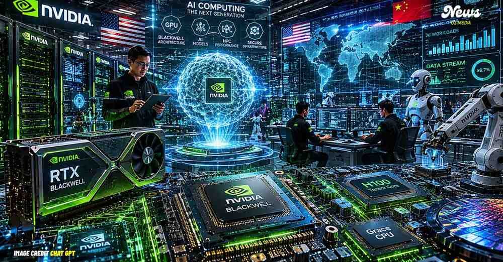 Nvidia GPUs and CPUs powering advanced AI infrastructure inside a futuristic data center.