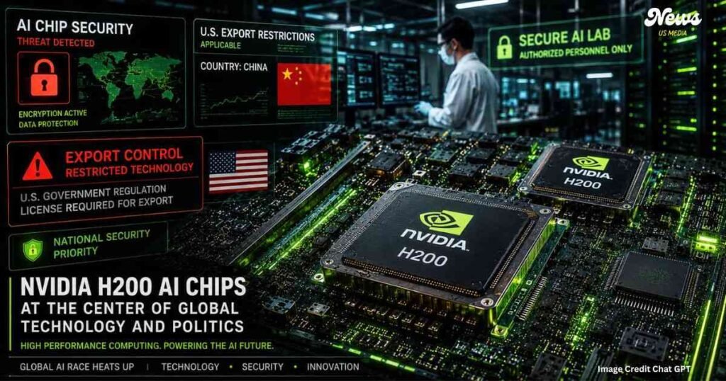 Nvidia H200 AI chips displayed in a high-security semiconductor and AI technology environment.