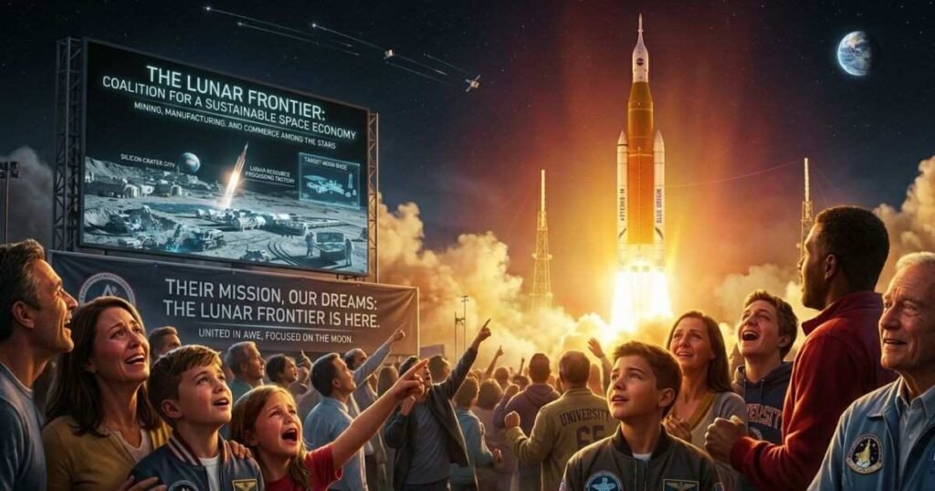Public excitement during a NASA Moon mission rocket launch event.